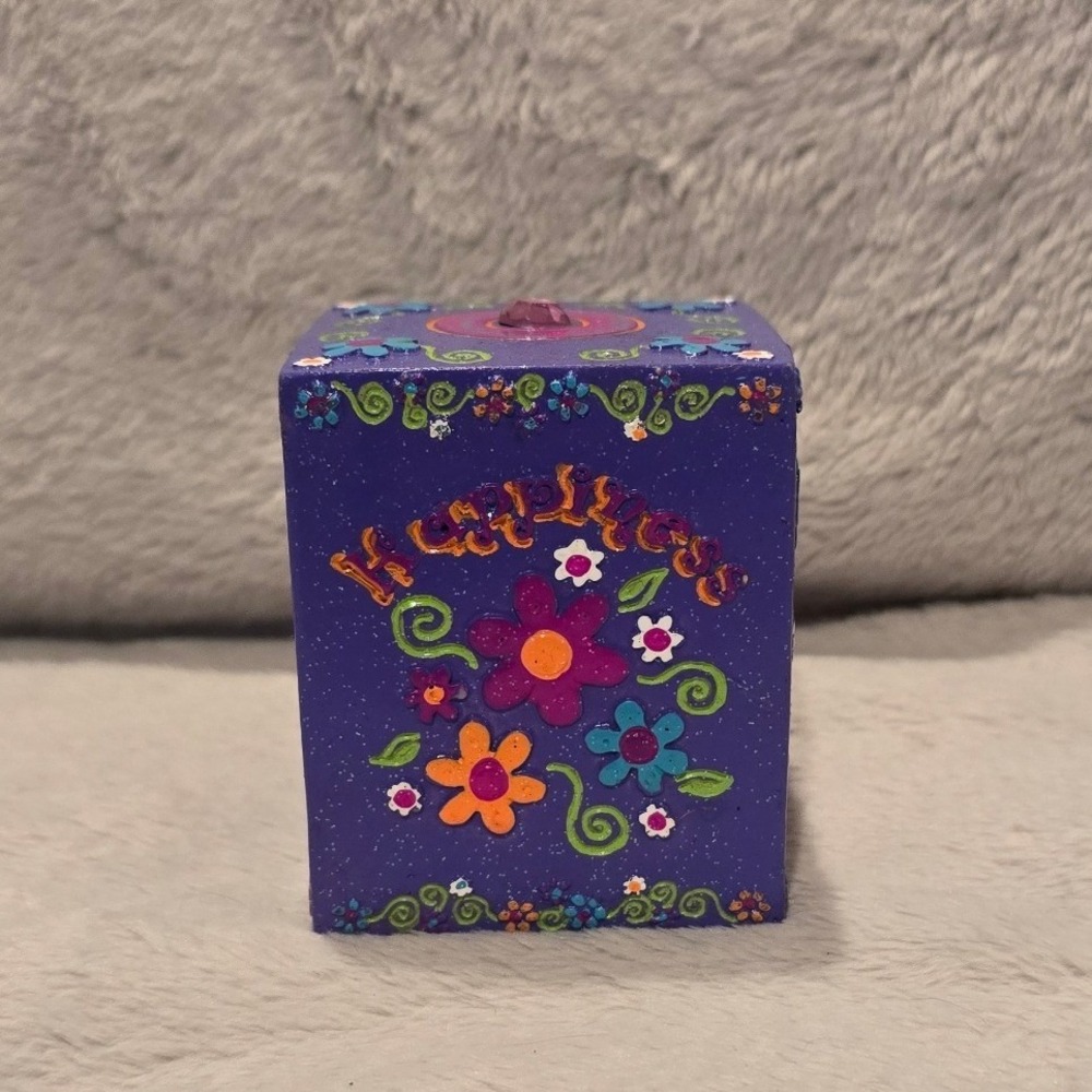 Vintage 2001 Claires Purple Glitter Floral Wooden Coin Bank Happiness Cube Y2K